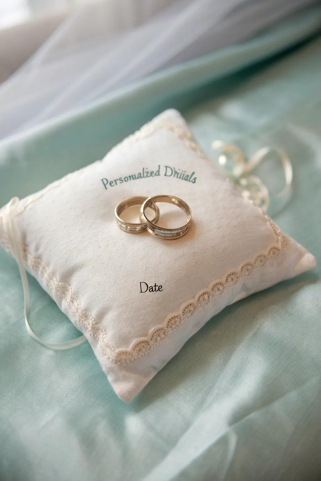 A bespoke wedding ring cushion with embroidered initials.