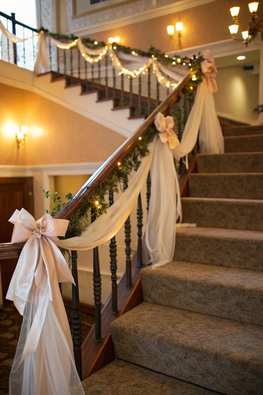 Silken bands contribute understated grace to this exquisitely adorned staircase.