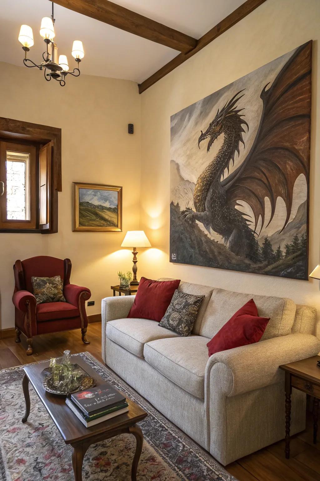 Depiction showcasing dragon making important influence near lounge.