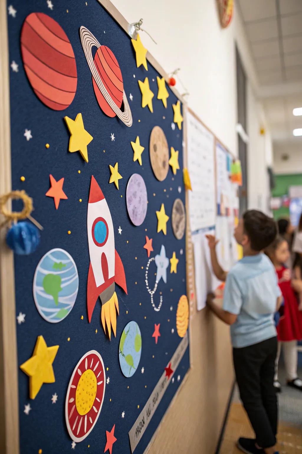 A cosmic-themed board designed to encourage students to investigate and learn beyond traditional boundaries.