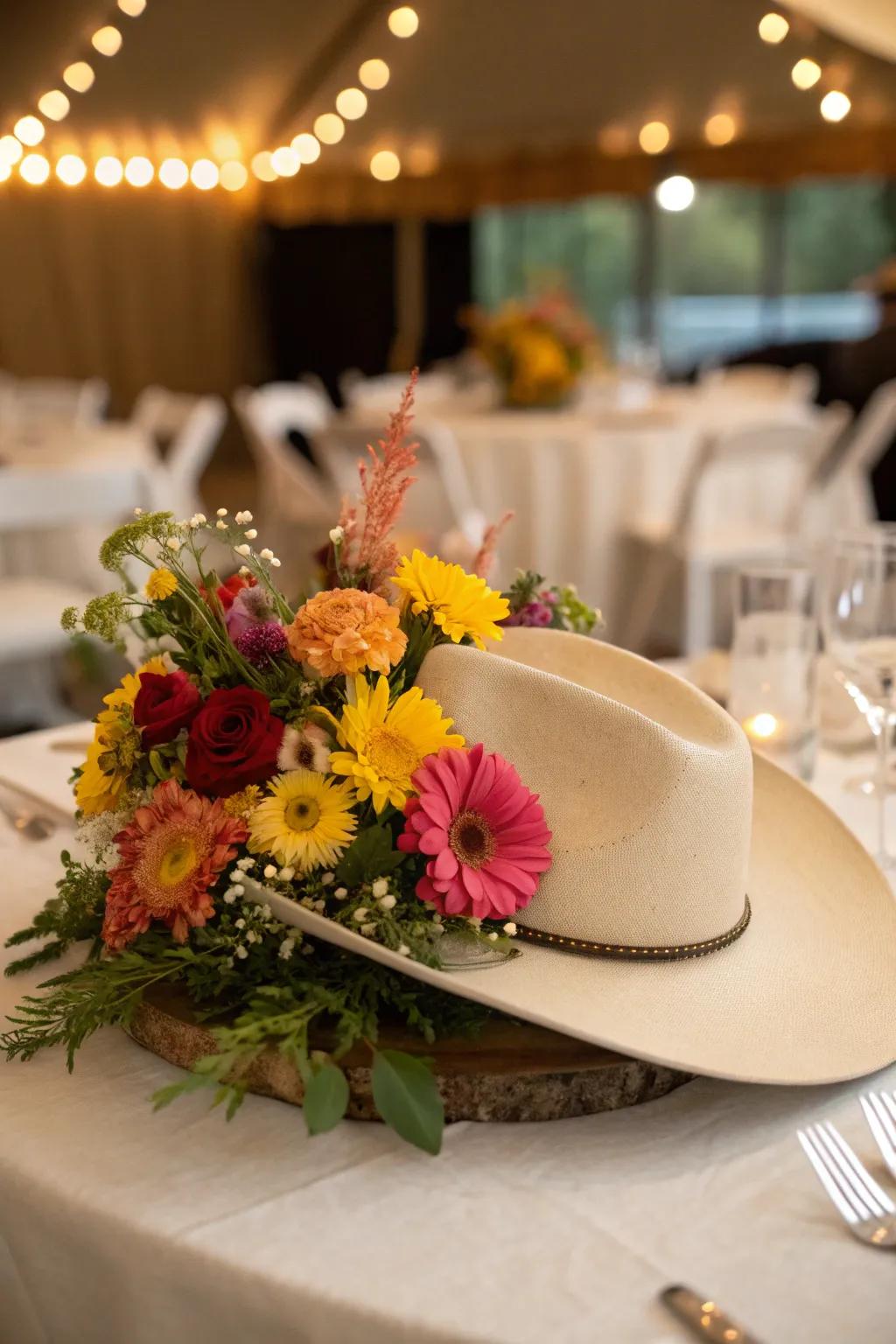 A cowboy hat brimming with flowers forms a distinctive and attention-grabbing centerpiece.