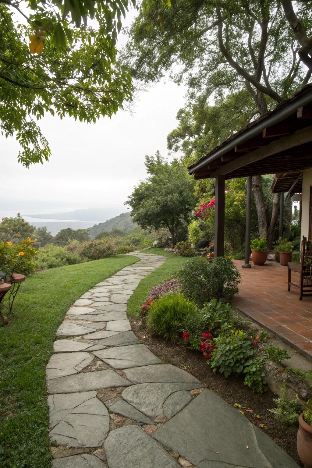 A stone walkway incorporates a countryside element to the patio entrance.