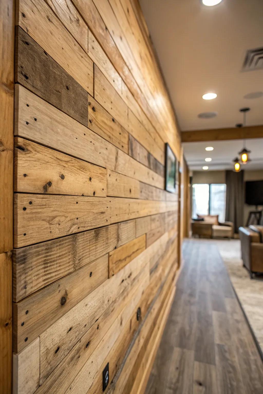 Warm and rustic reclaimed wood paneling on a wall.