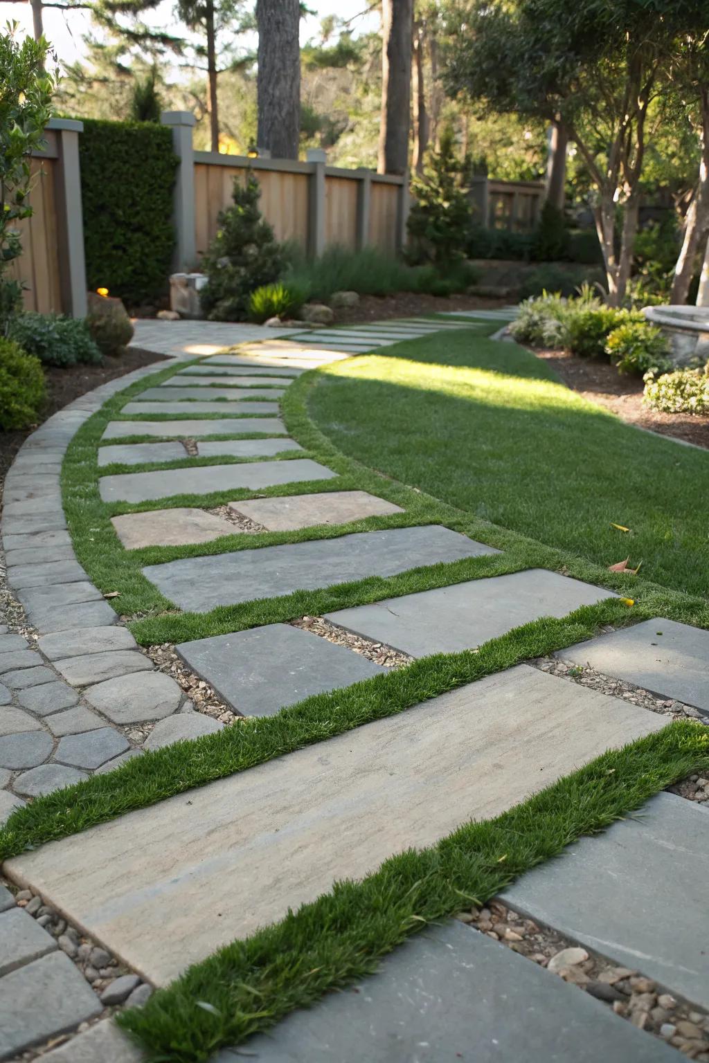 Imitation turf amid flagstones for a crisp, effortless pathway.