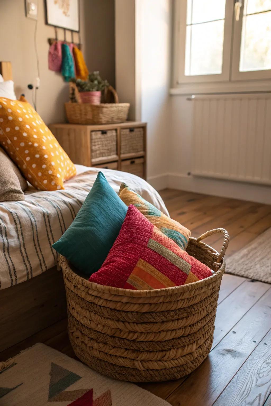 A decorative basket for cushion storage adds a touch of charm and practicality.