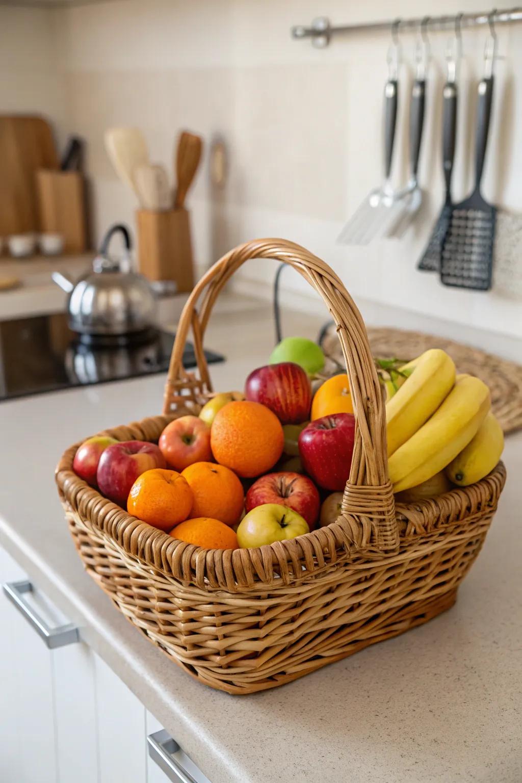 A basket filled with fresh fruits conveys a natural and utilitarian charm to the cooking area.