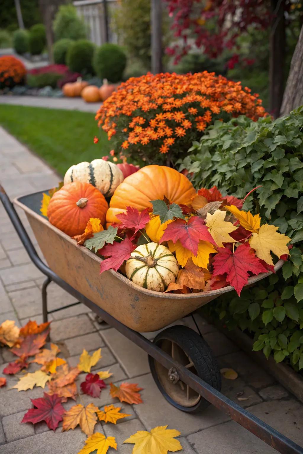 Celebrating the seasons with a wheelbarrow-themed display.