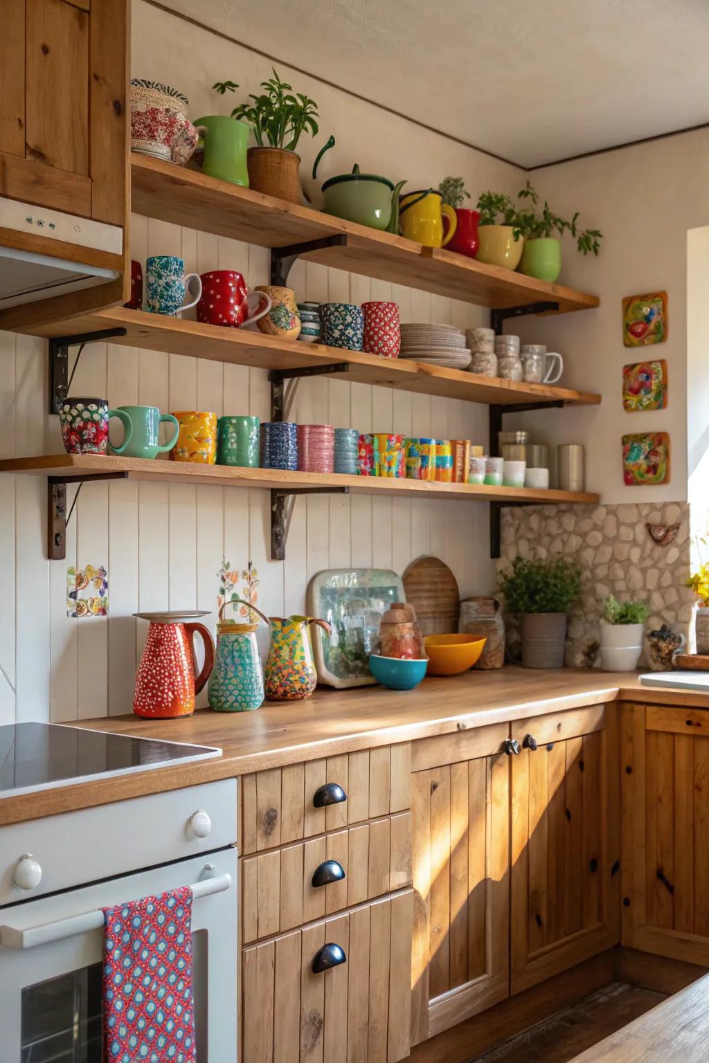 Uncovered shelving accentuates your kitchen's character.