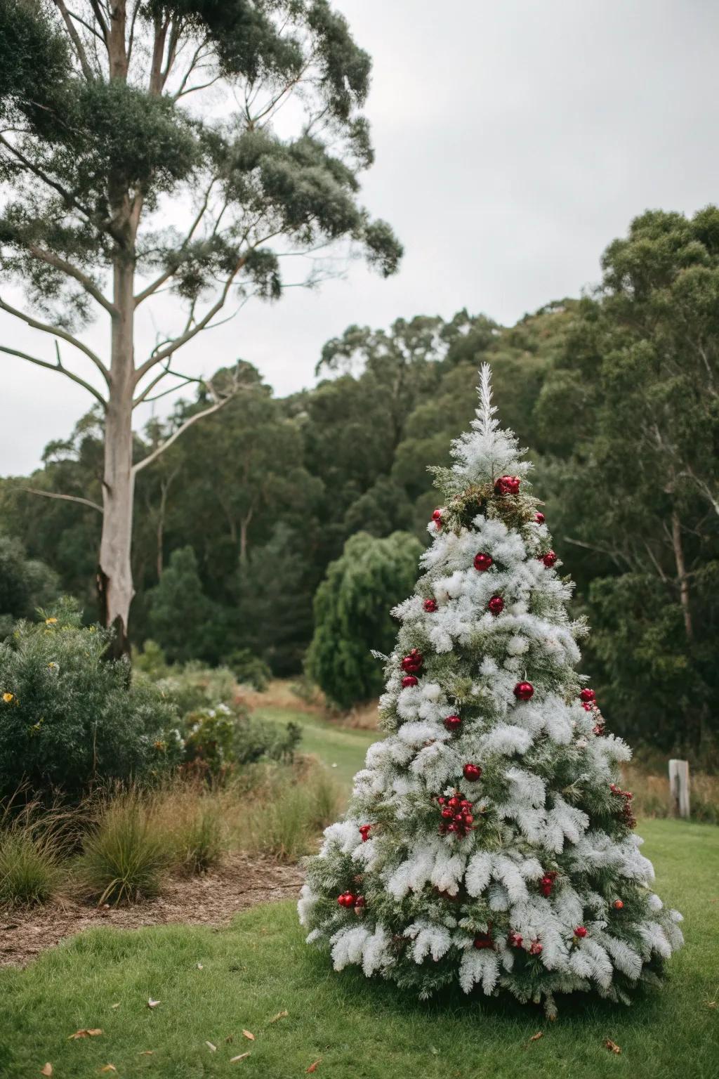 A tree inspired by nature, adorned with silver dollar eucalyptus and winterberry, showcasing vibrant life.
