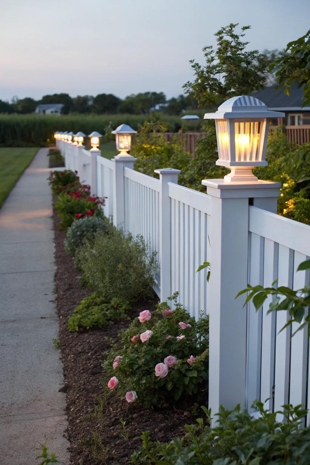 Ornamental pillar finishes append refinement and utility to a white privacy fence.