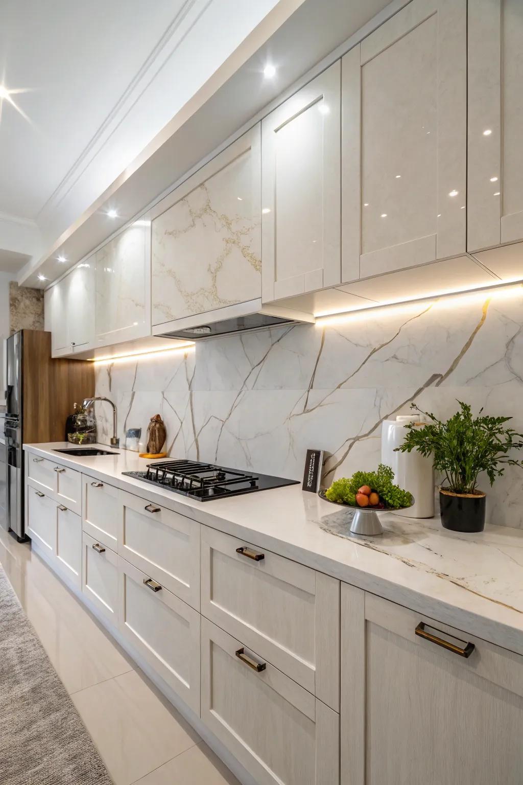 Stone backsplash featuring delicate veining, exuding subtle refinement.