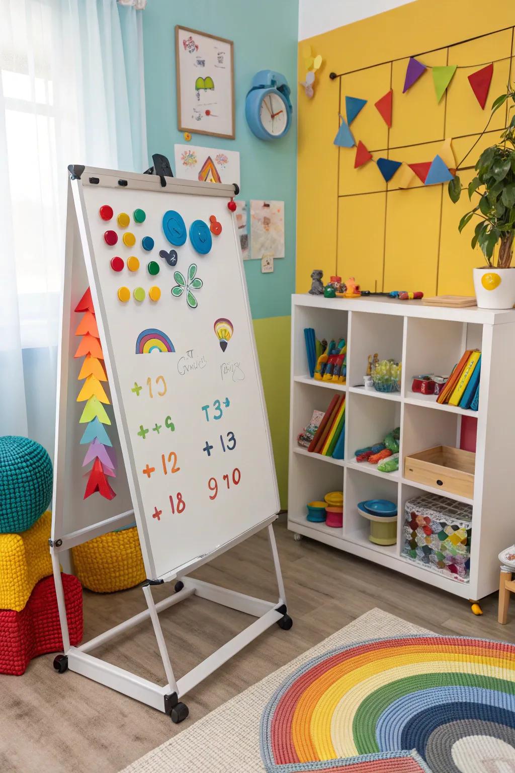 Dimensional elements animate this whiteboard in a playful arrangement.