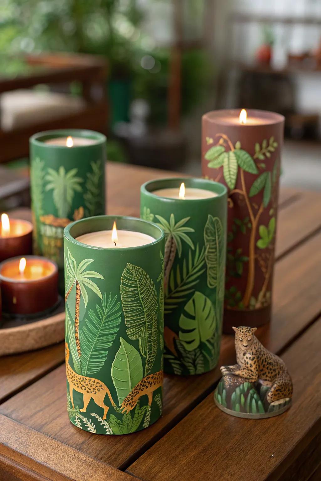 Handcrafted jungle lights add a warm glow to party favors.