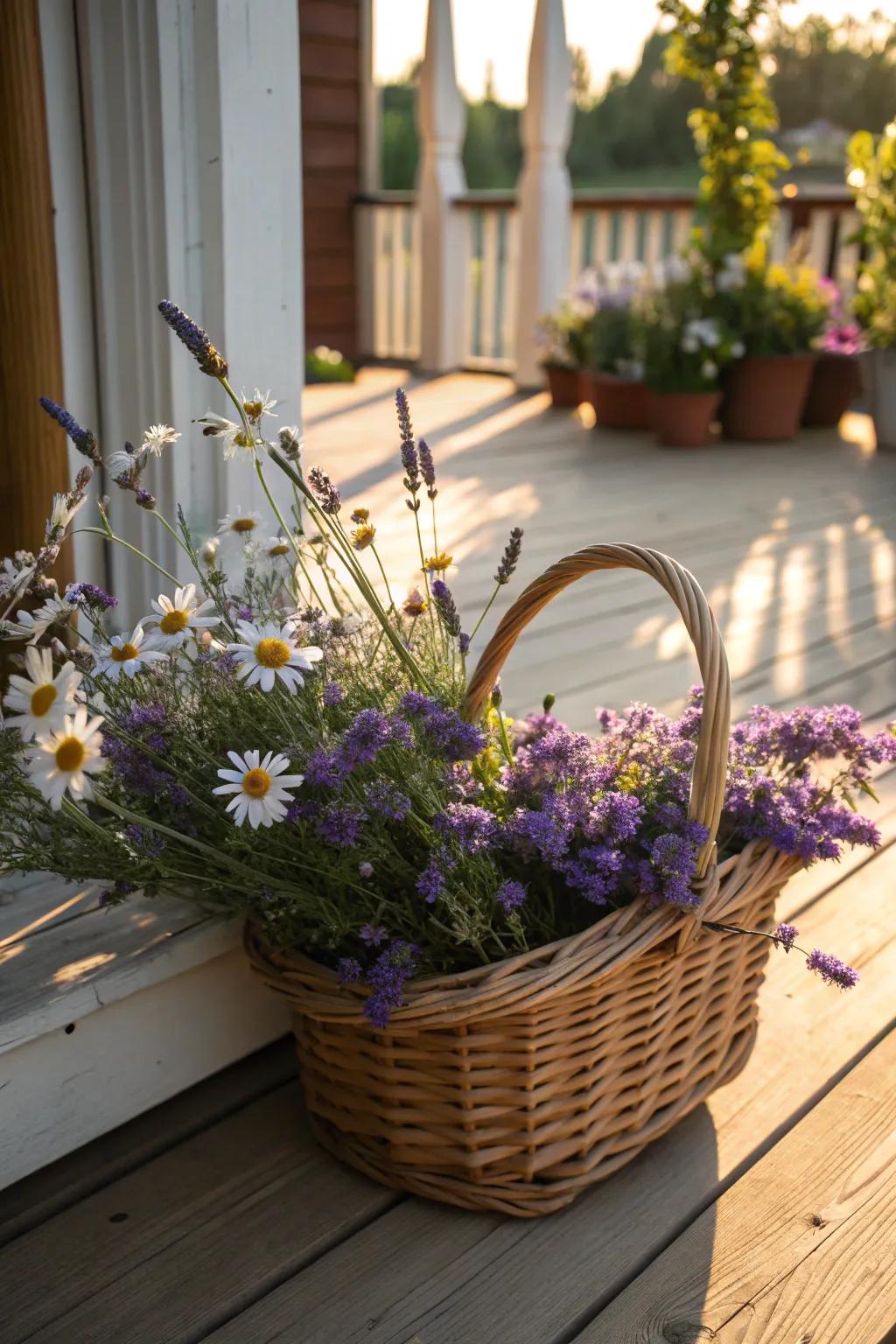 A wicker container overflowing with wildflowers imparts an element of countryside charm to any environment.