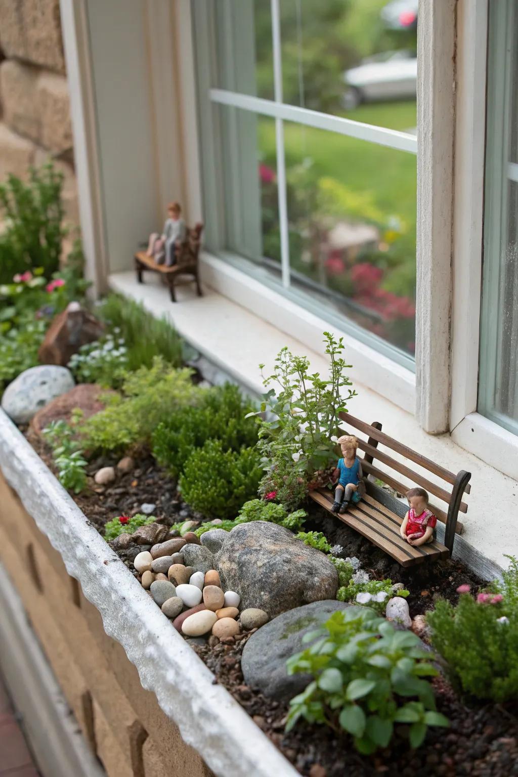 A playful miniature garden scene beautifully arranged inside a window box