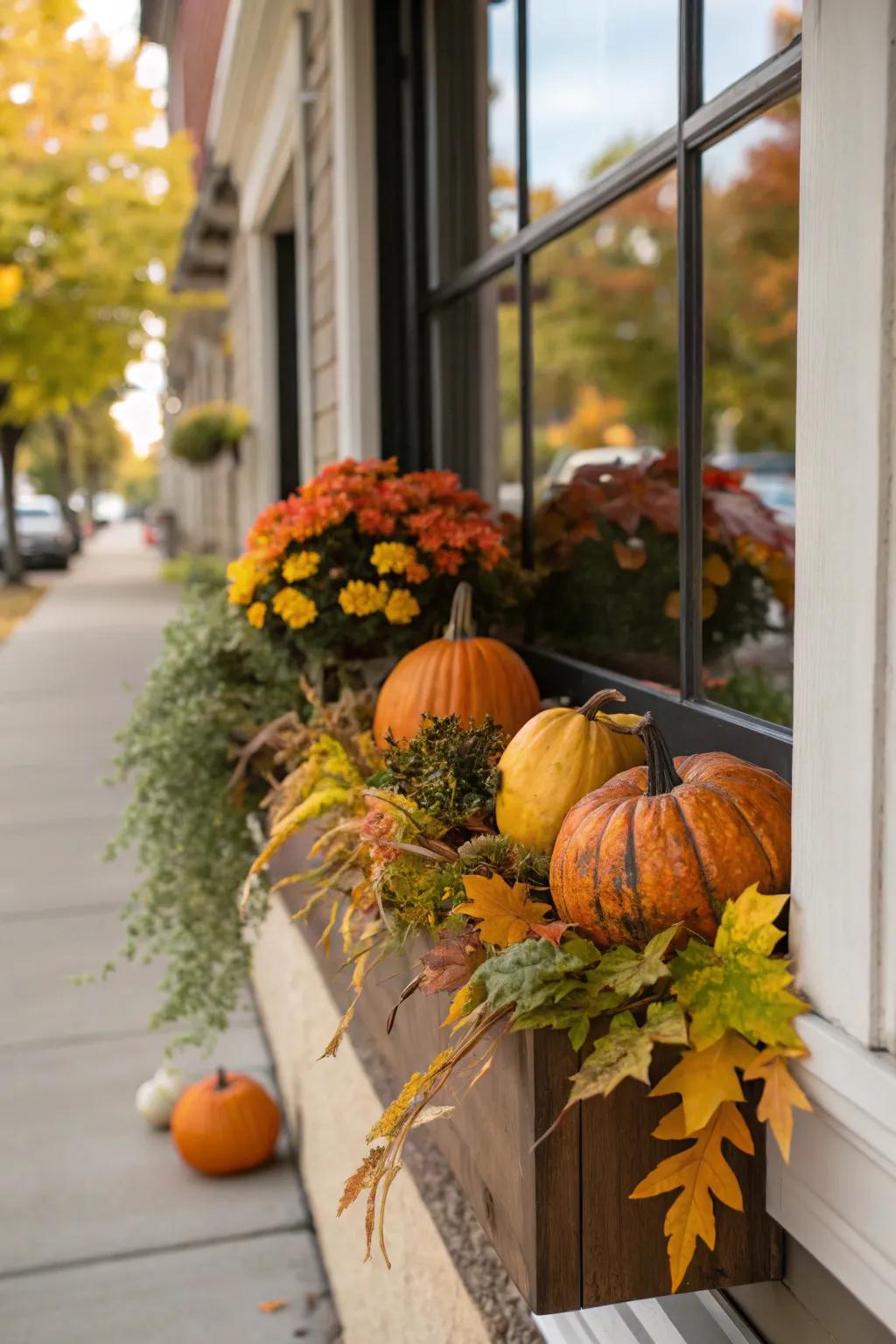 A window box beautifully adorned with small pumpkins and gourds for the fall season.