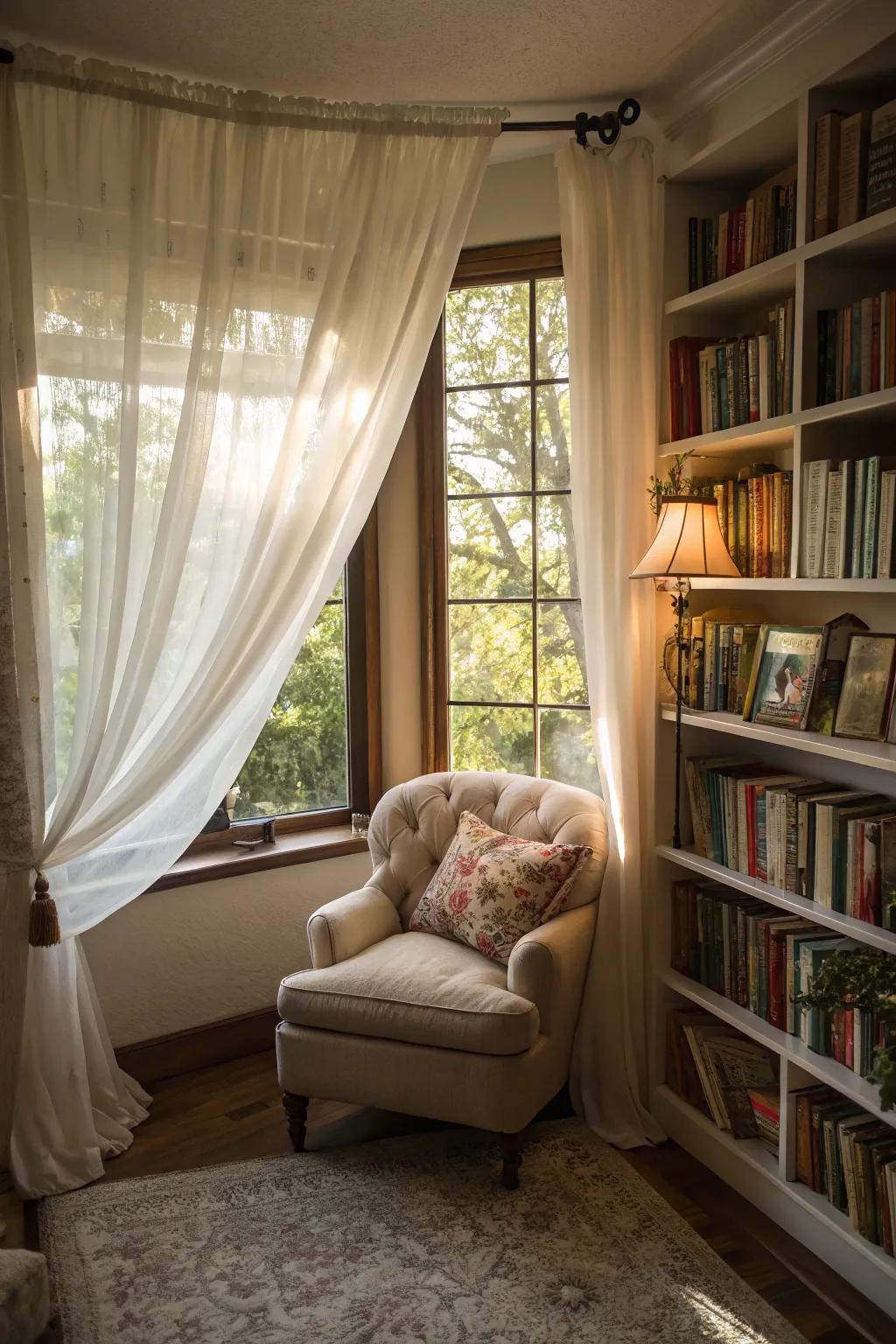 Sheer curtains create an inviting and airy atmosphere.