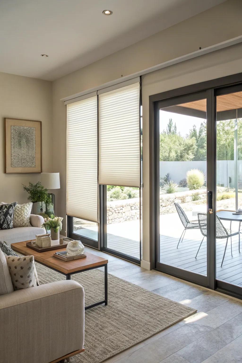 Vertical honeycomb shades provide energy efficiency and style.