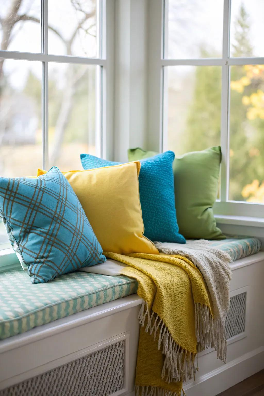 A window seat embellished with colorful cushions and a cozy wrap.