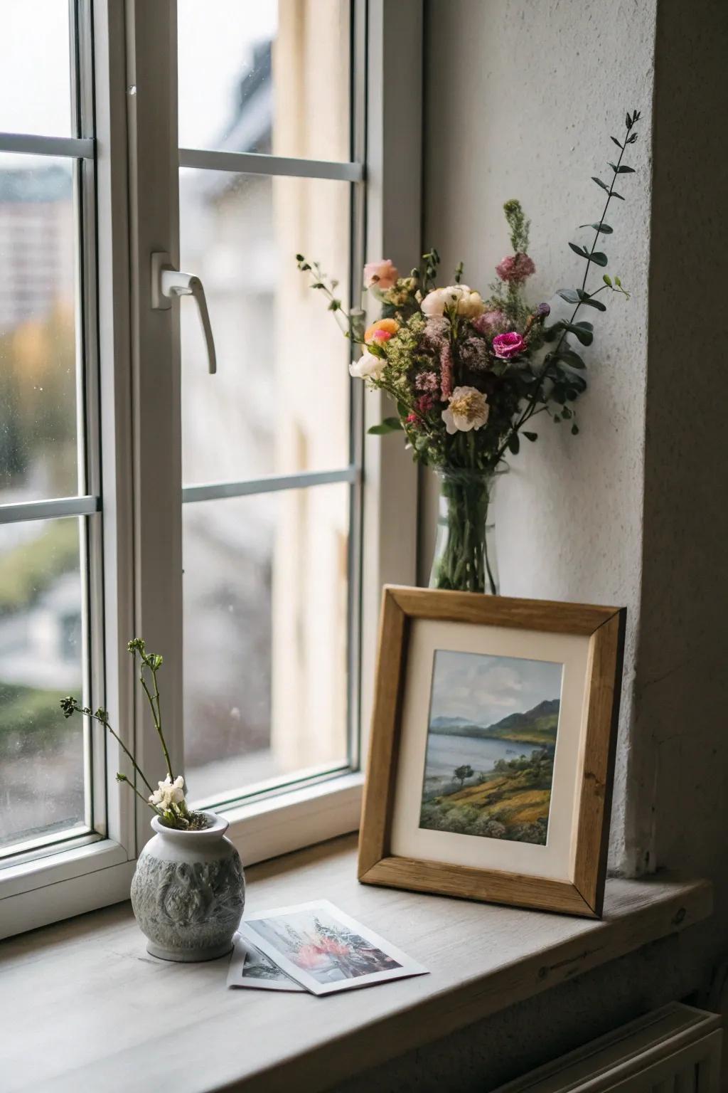 Art on the windowsill contributes a personal and imaginative flair.