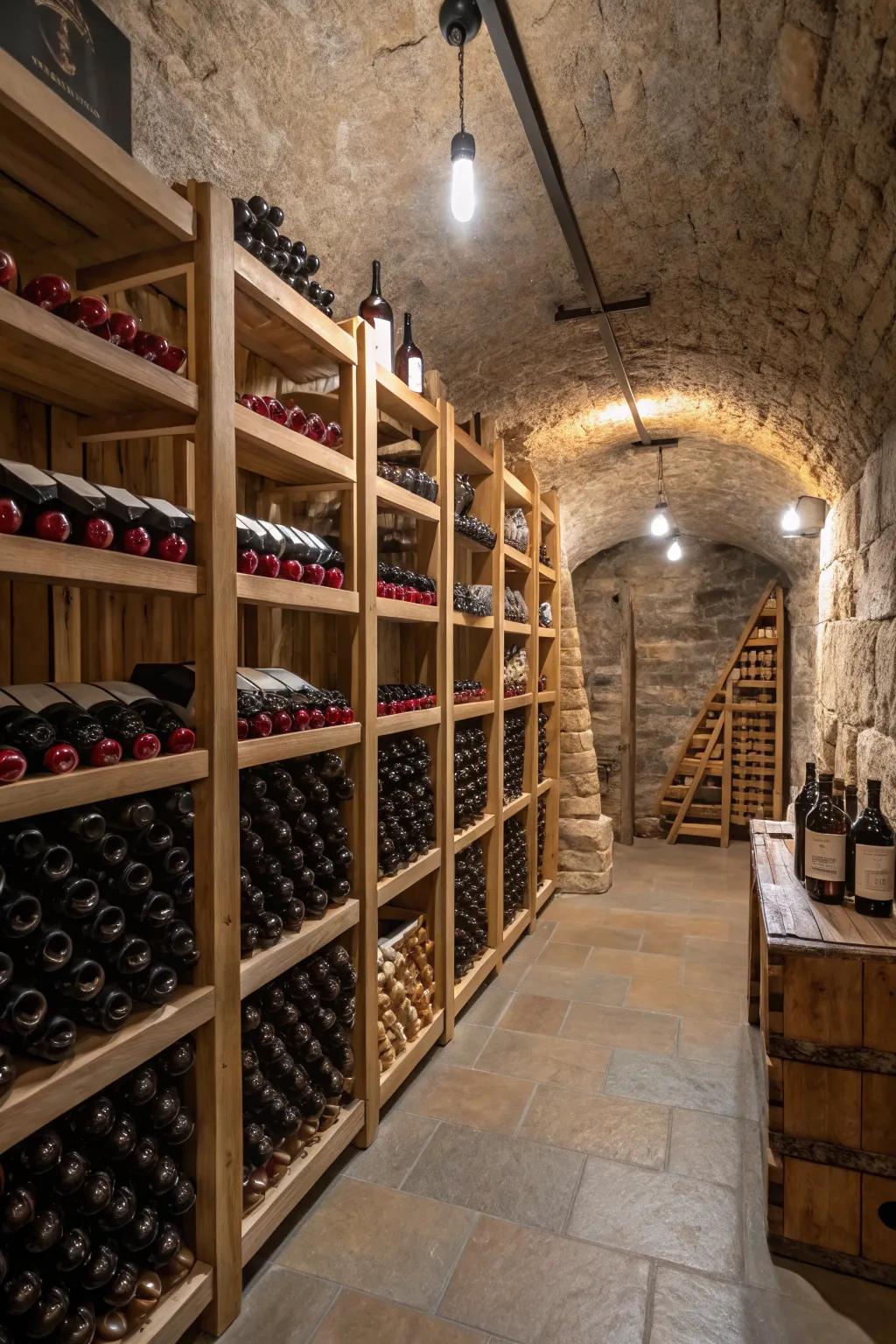 Wine cellar maximizing area utilization with staggered storage options.
