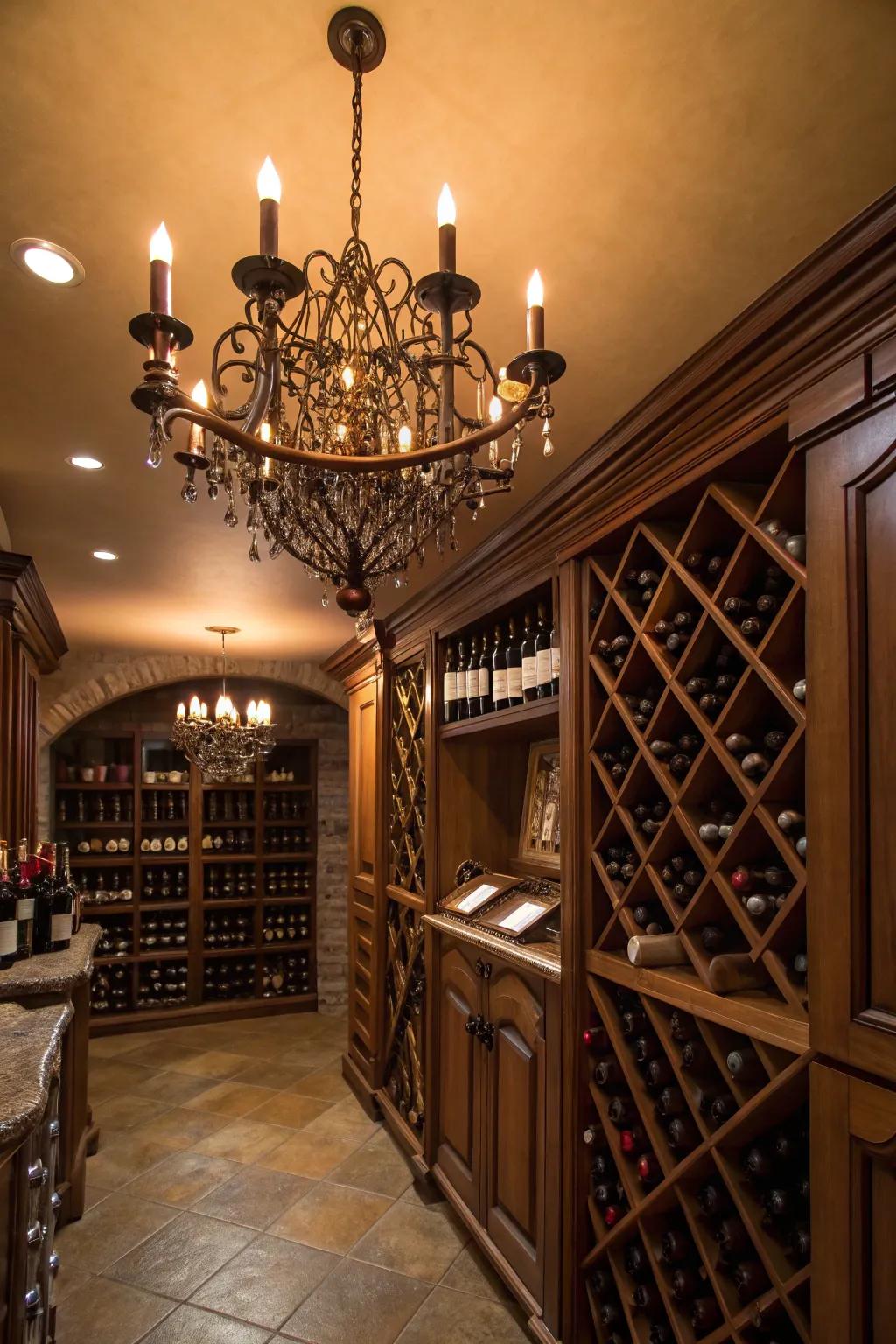 An exquisite chandelier enhancing the charm and elegance of the wine room.