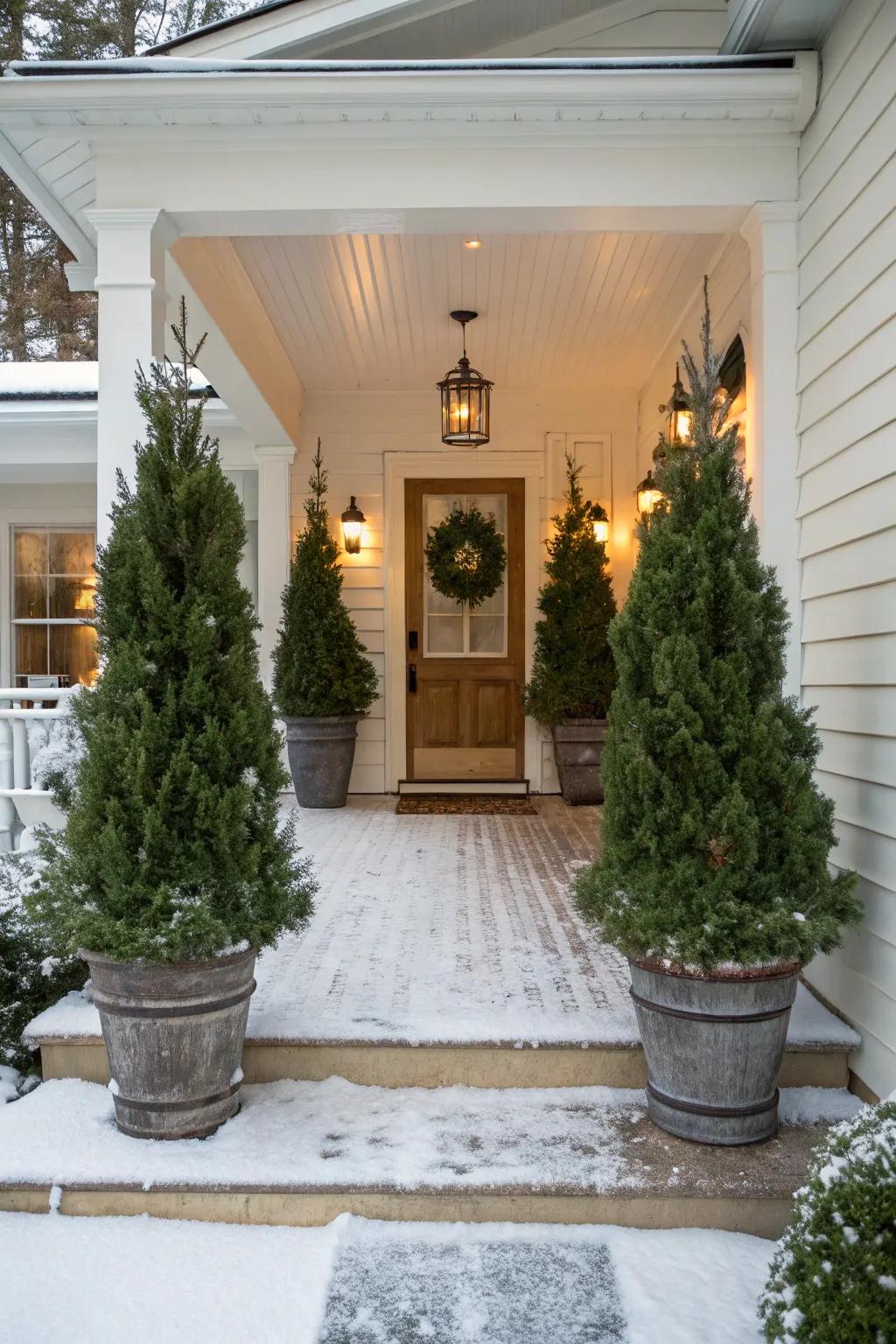 Potted evergreen trees bring lush greenery to this winter porch.