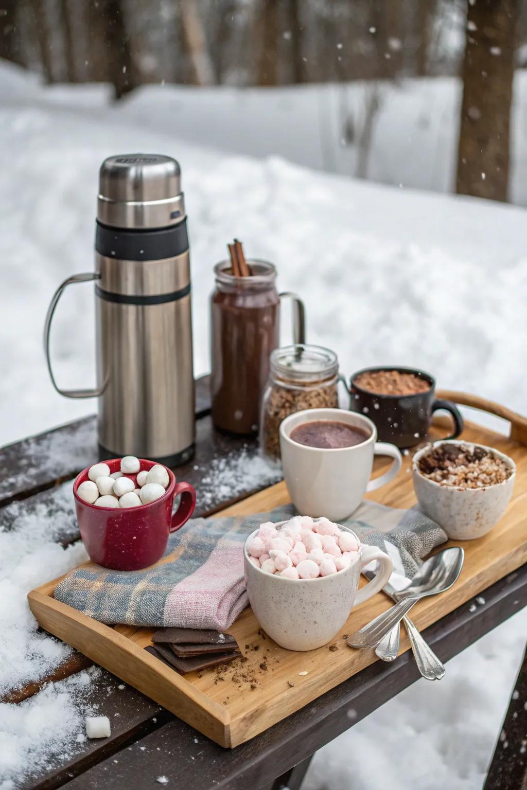 Craft your own cozy cocoa station for a delightful picnic.