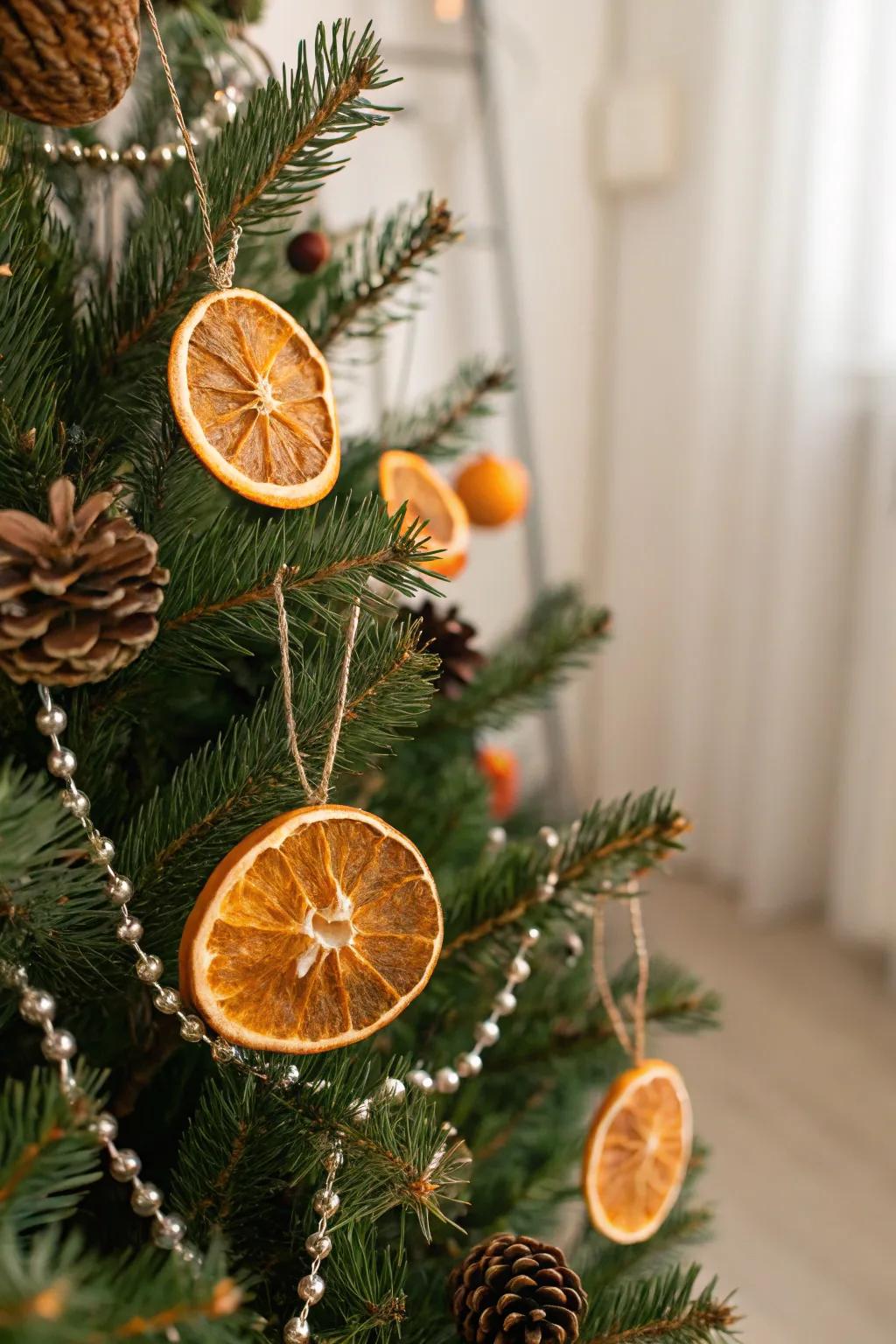 Dehydrated citrus disk ornaments bestow natural vibrancy upon a holiday arbor.