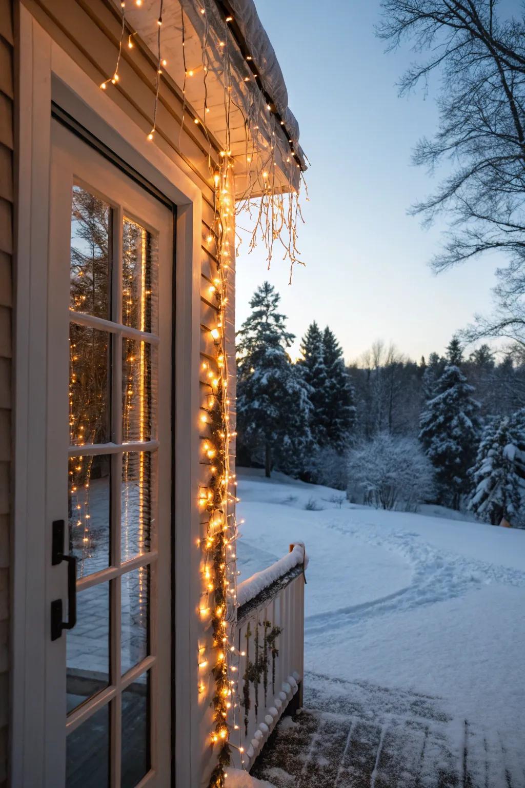 Dangling lights cast a captivating glow around your doorway.