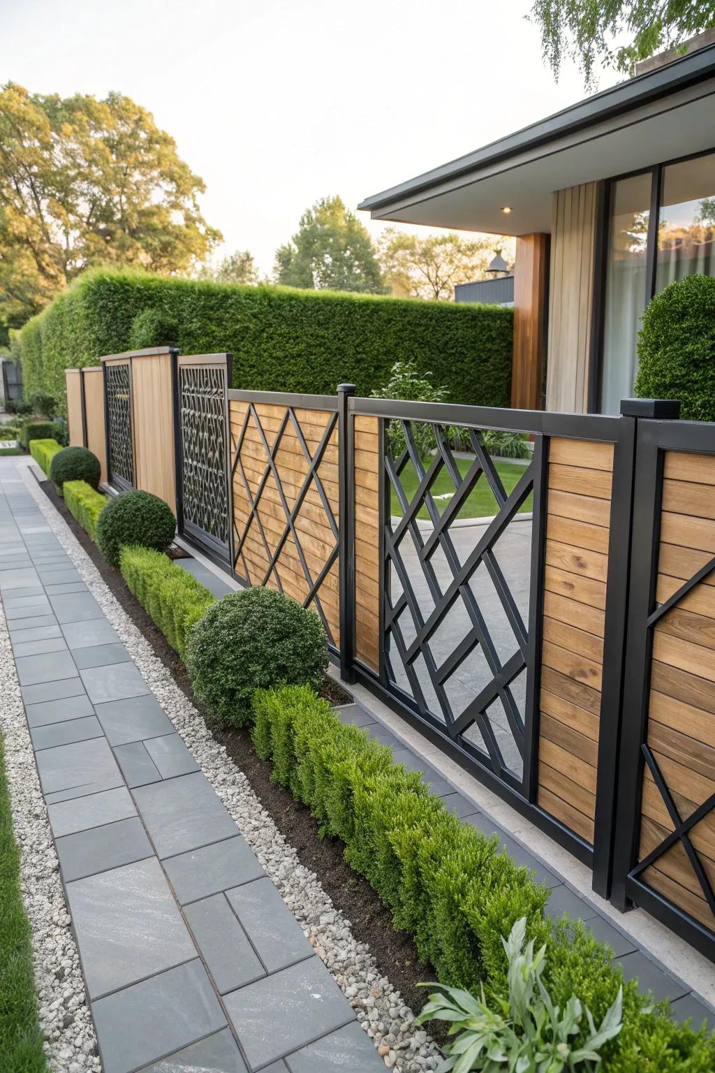 A fence presenting impressive symmetrical arrangements utilizing lumber and steel.