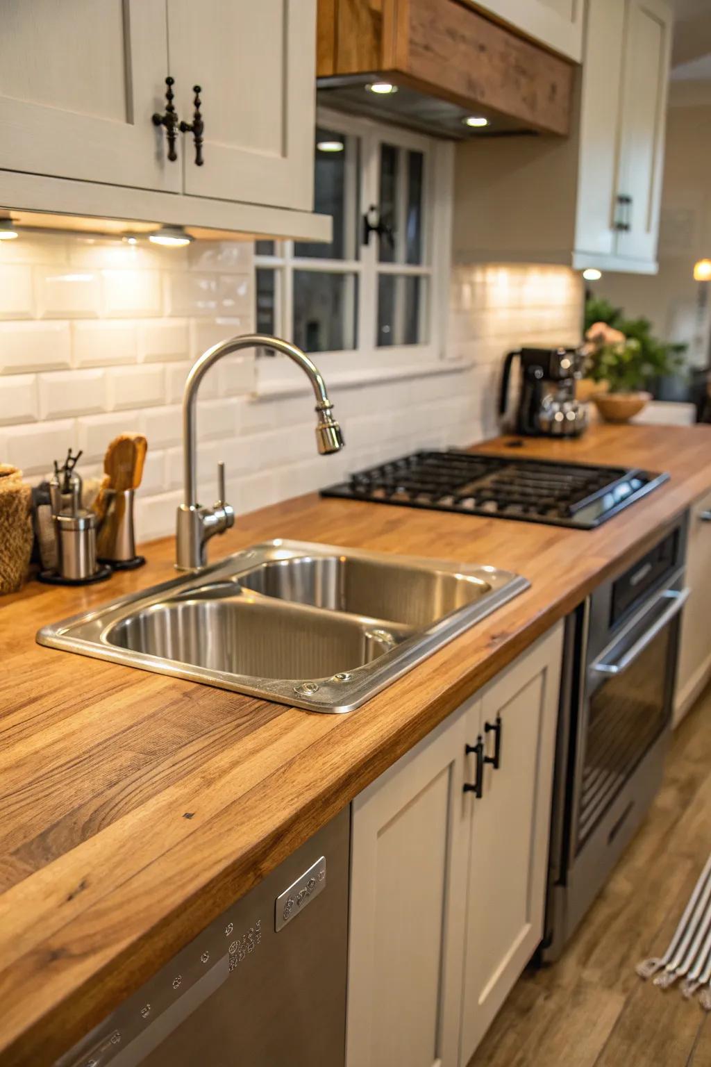 A harmonious fusion of wood and metal for a balanced cooking area design.