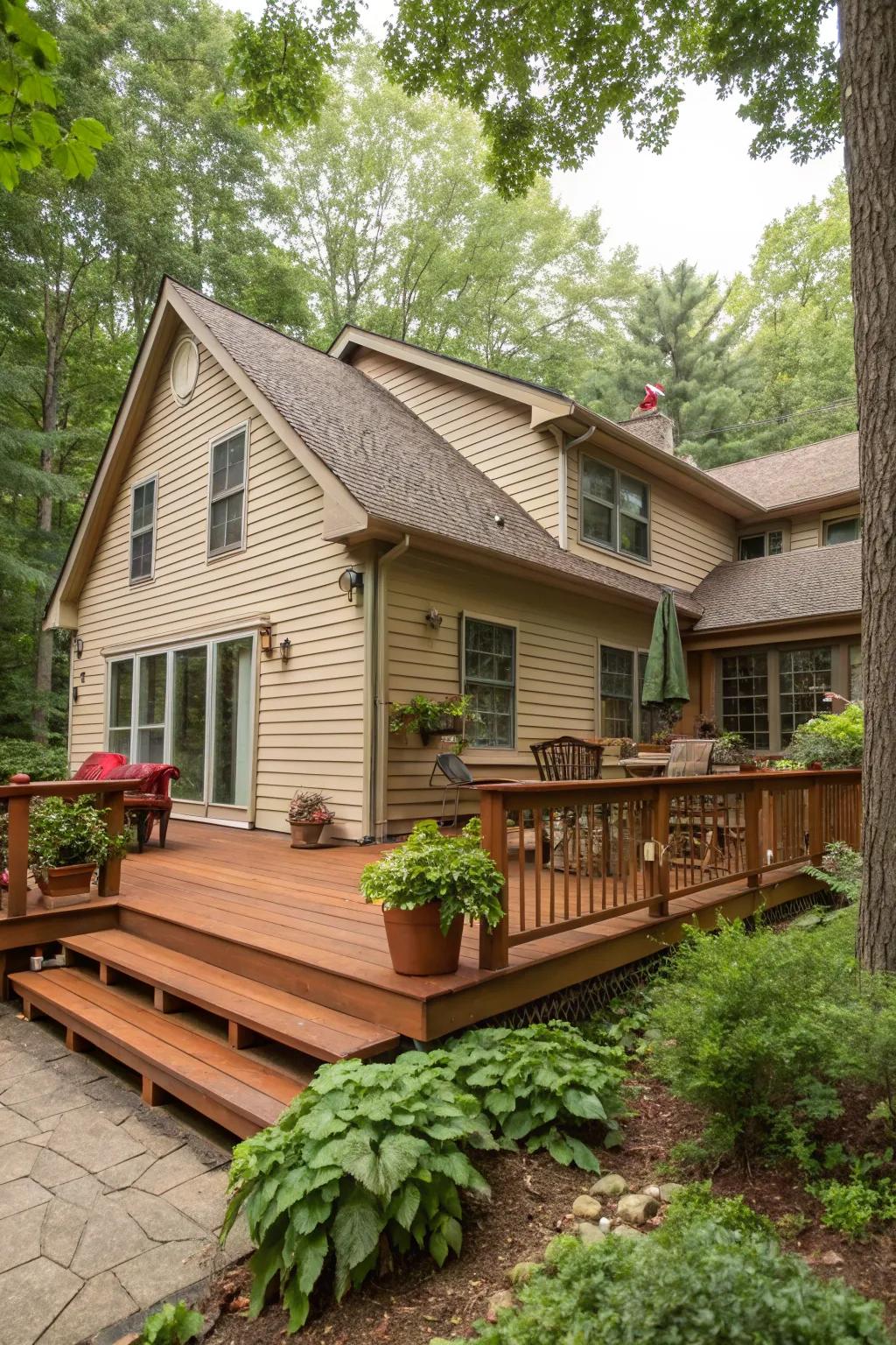 A rustic red cedar deck adds a vibrant touch to a tan house, merging beautifully with natural surroundings.