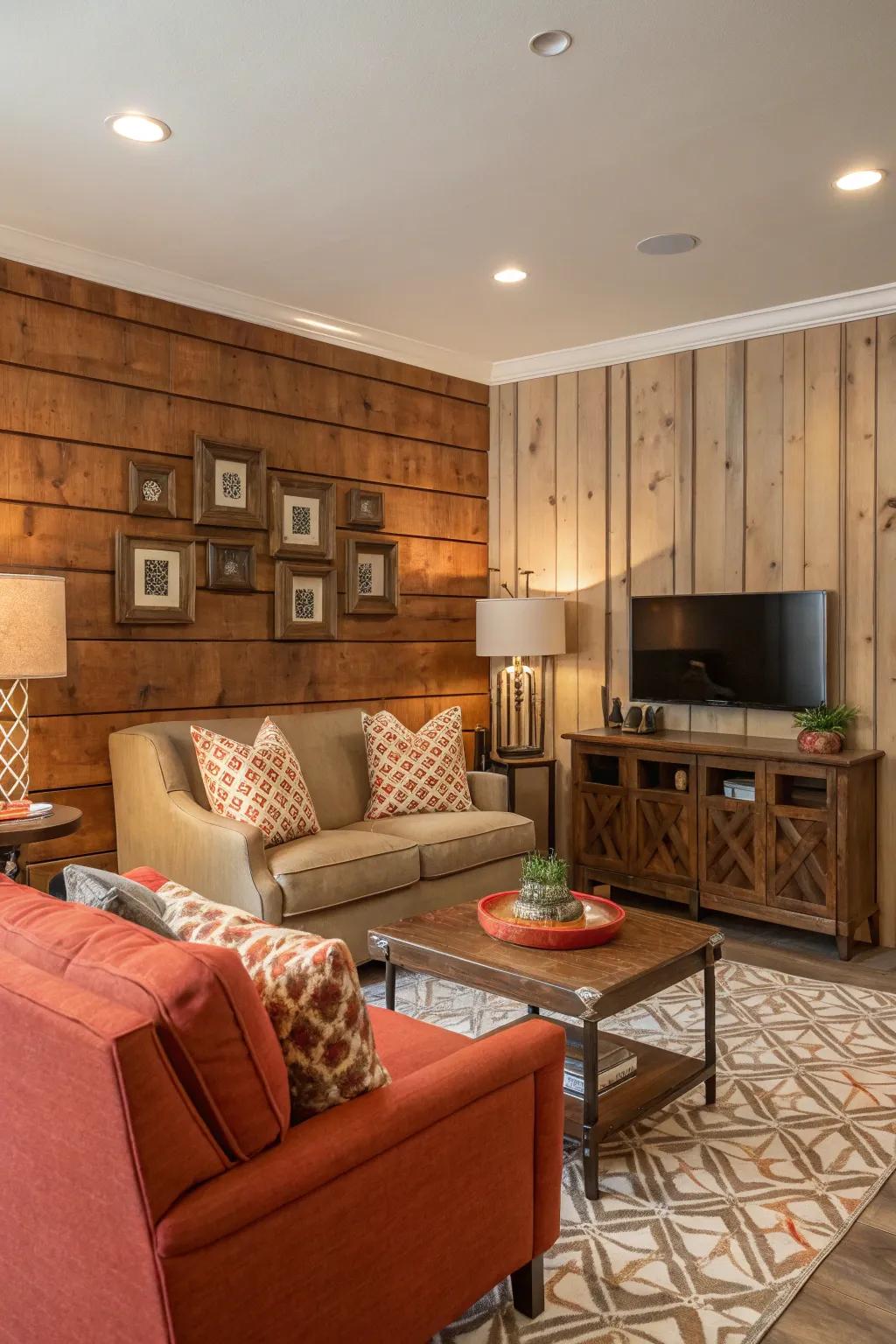 A wooden accent wall adding warmth and texture to the living room