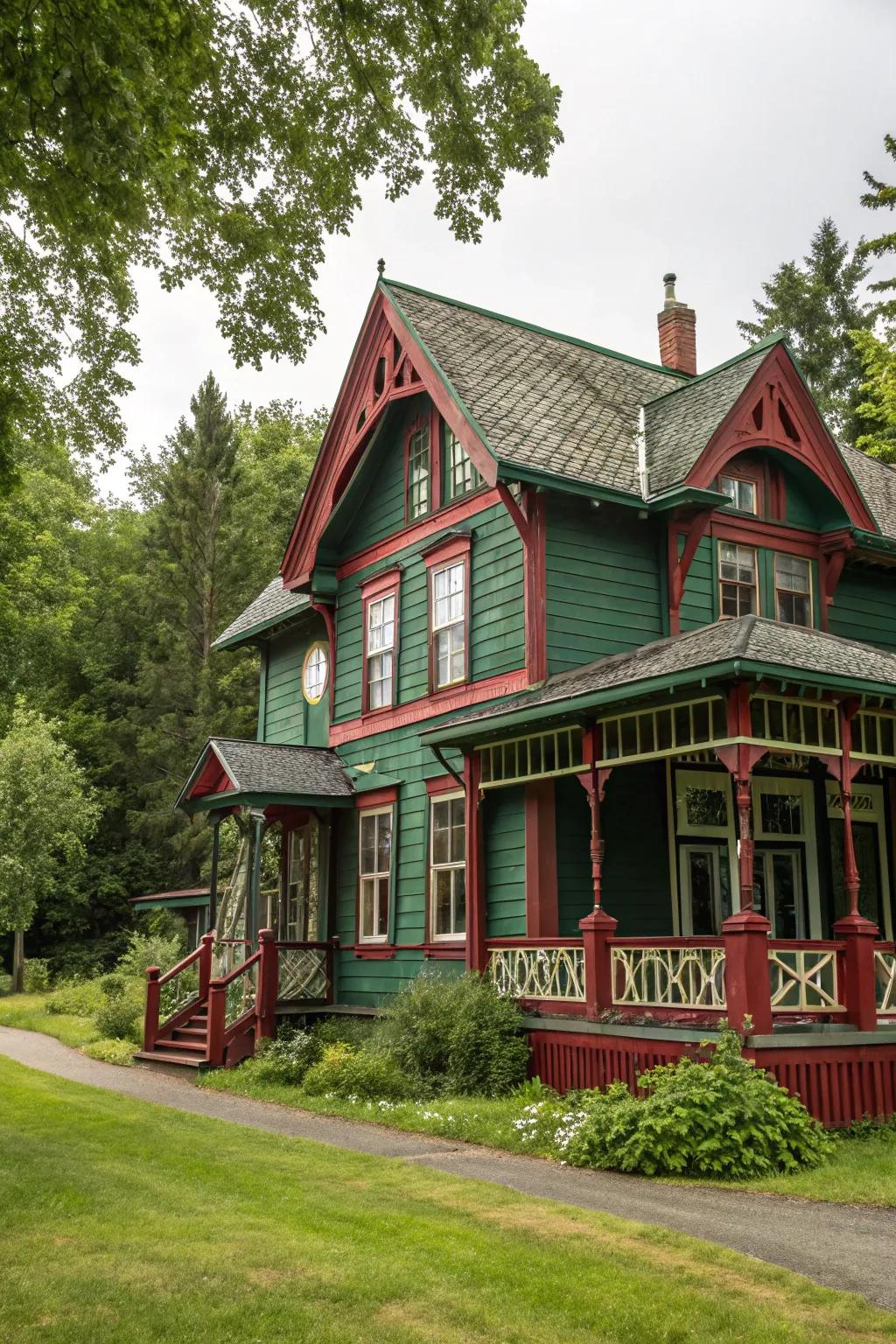 A traditional wood home with a rustic color scheme that enhances its classic architecture.
