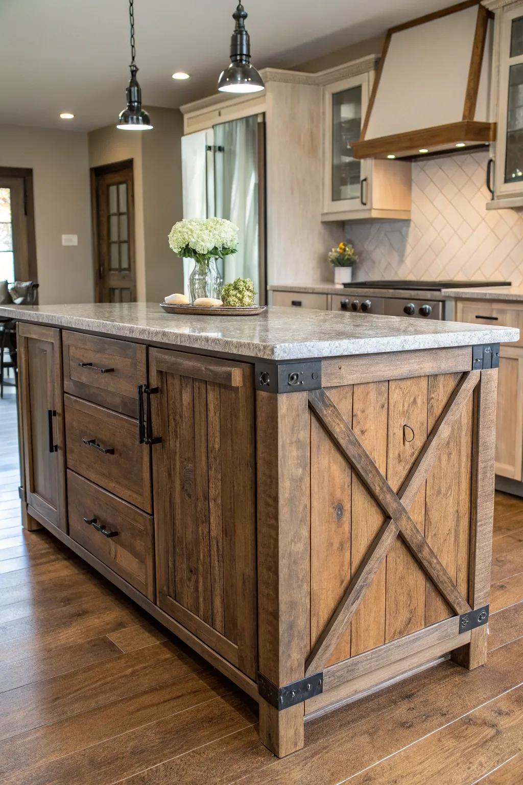 A gorgeous kitchen island blending wood, metal, and stone for a modern visual.