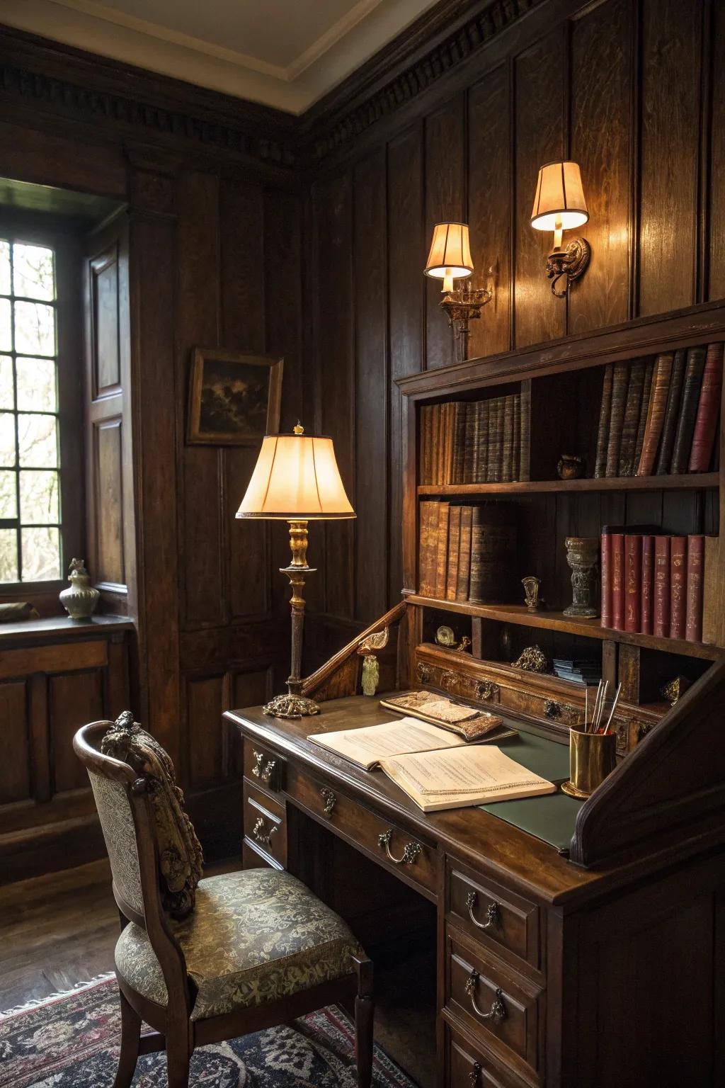 Dark wood layering cultivates a refined and thoughtful environment.