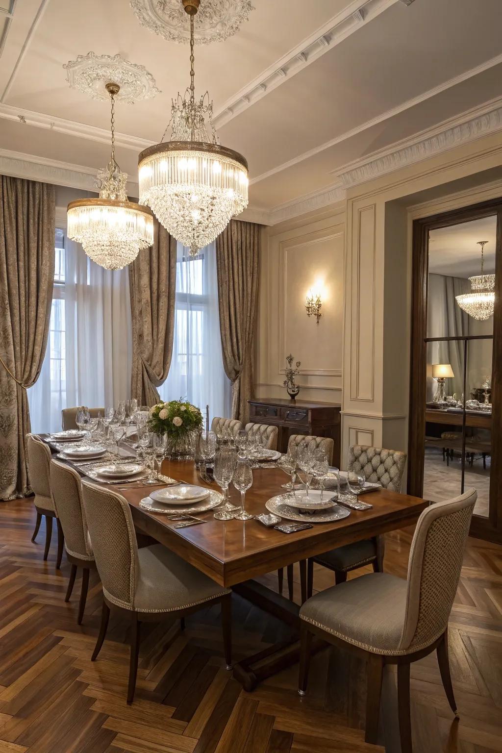 An elegant dining space highlighting the dramatic dual herringbone wooden floor.