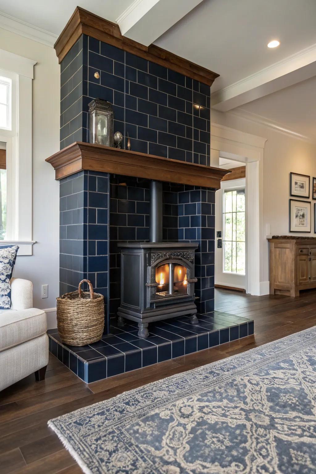 Dark tiles offer a striking and elegant backdrop for your wood burner.