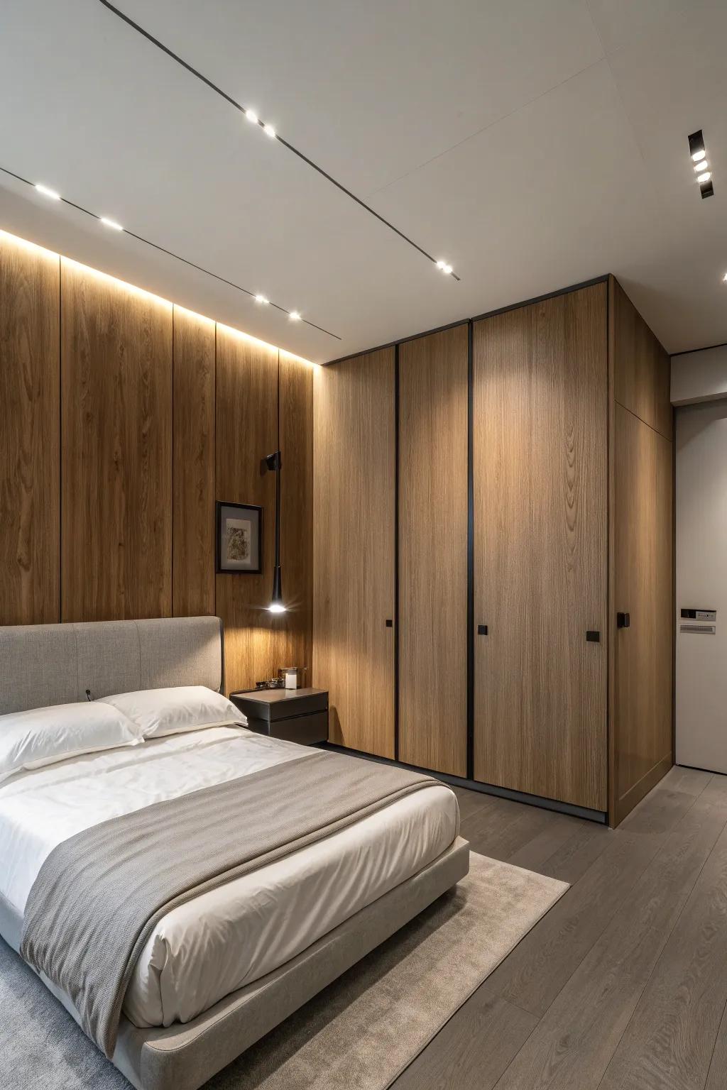 A simple bedroom with soft wood paneling.