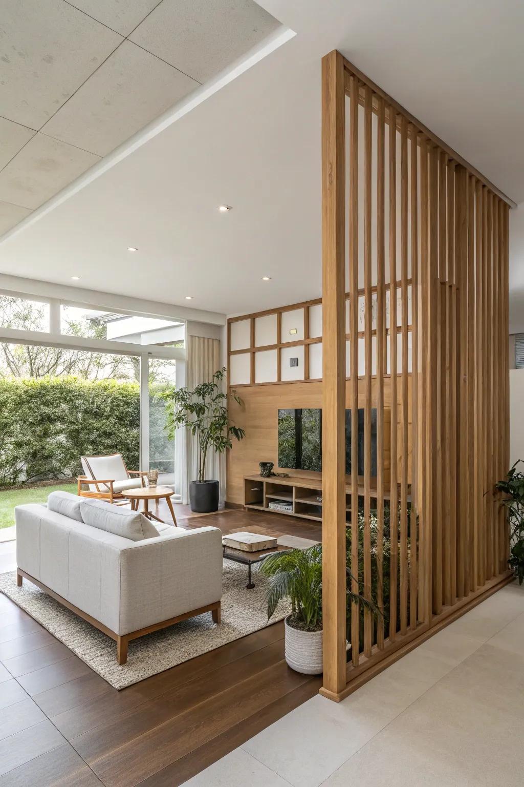 Natural wood hues fashion a cozy and welcoming atmosphere in this minimalist space.