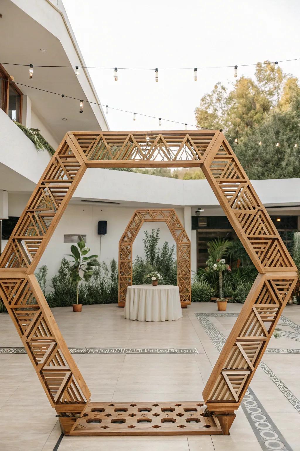 A geometric timber arch provides a contemporary edge to your vows.