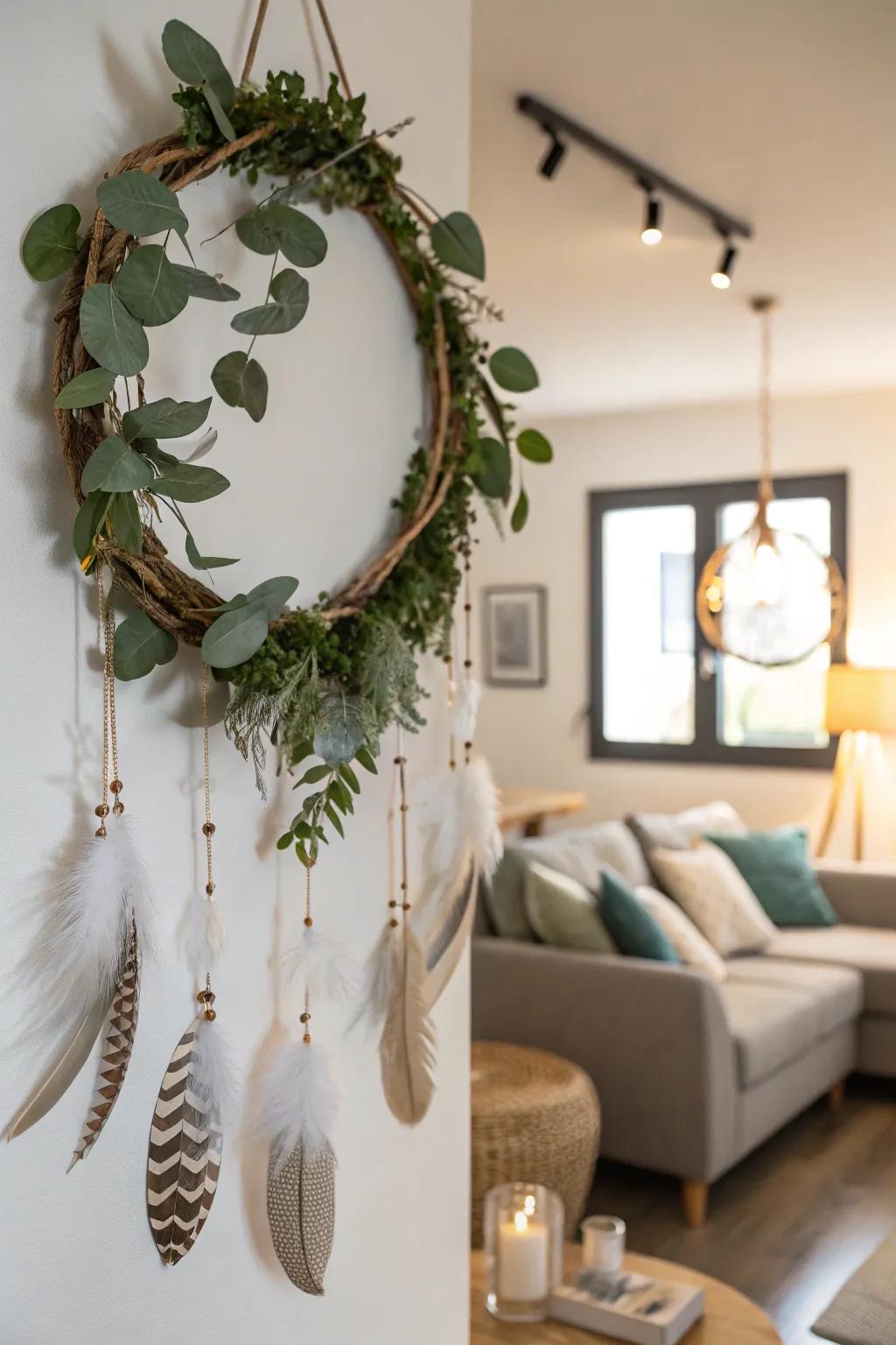 A wreath channeling a free-spirited nature using natural elements.