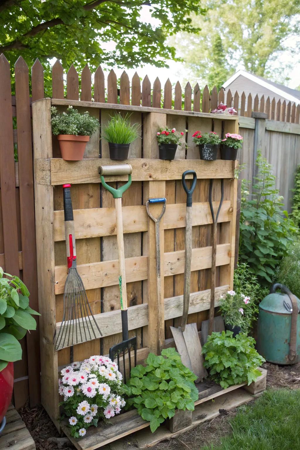 Rustic beauty comes to the forefront with tool storage made from repurposed pallets.