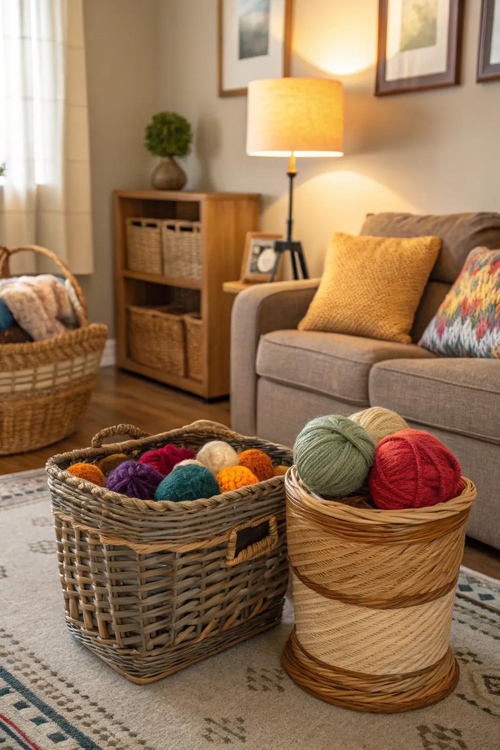 Woven baskets offer a rustic and organized yarn storage solution.