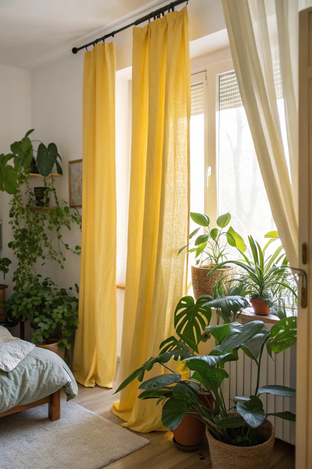 Green plants complement gold drapes, resulting in a lively and natural bedroom atmosphere.