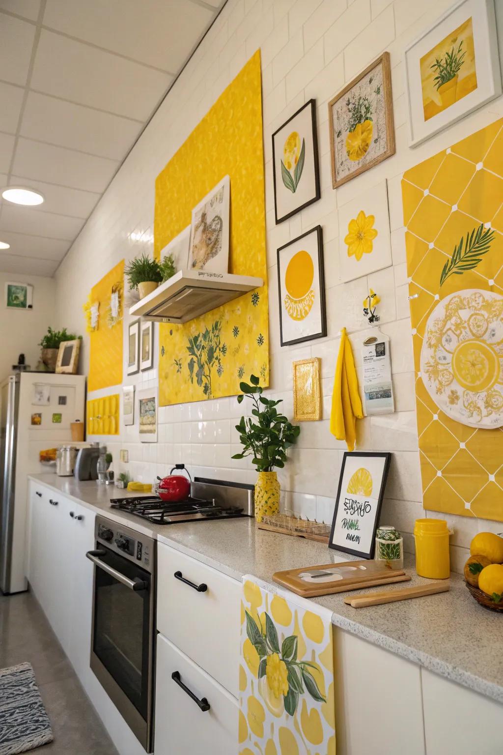 Yellow wall art imbues the kitchen decor with character and vibrancy.
