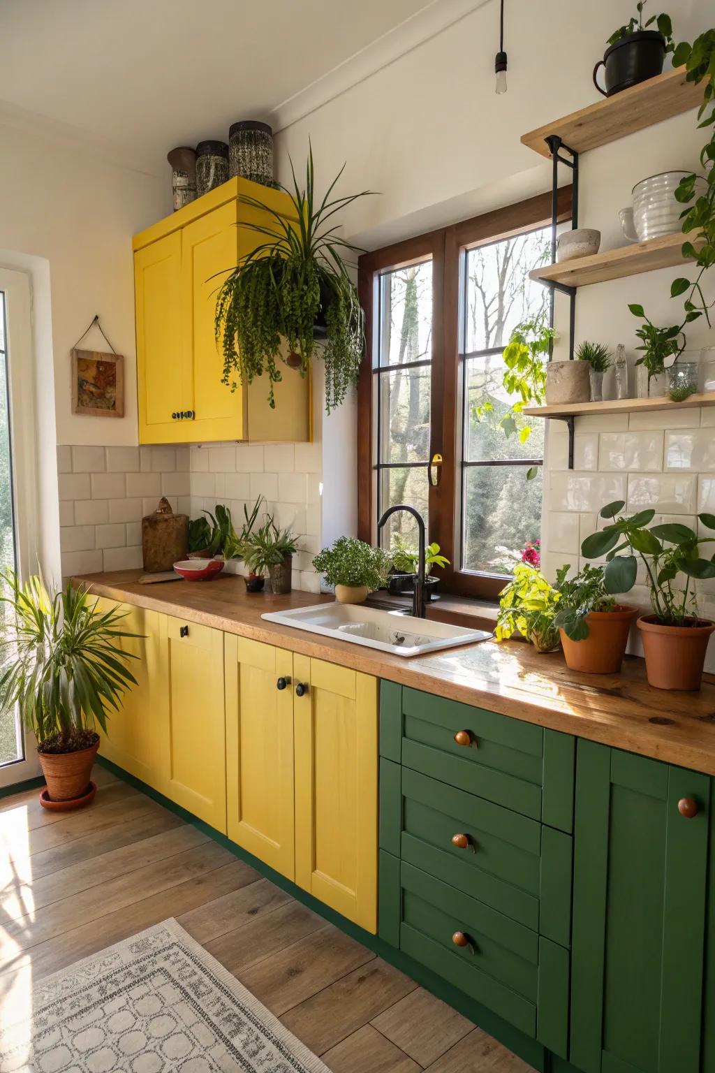 A vibrant combination of yellow and verdant brings the outdoors into the kitchen.