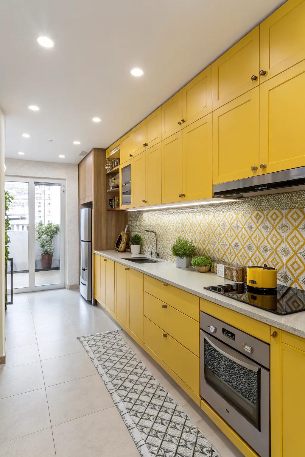 A kitchen brightened with golden cabinetry.