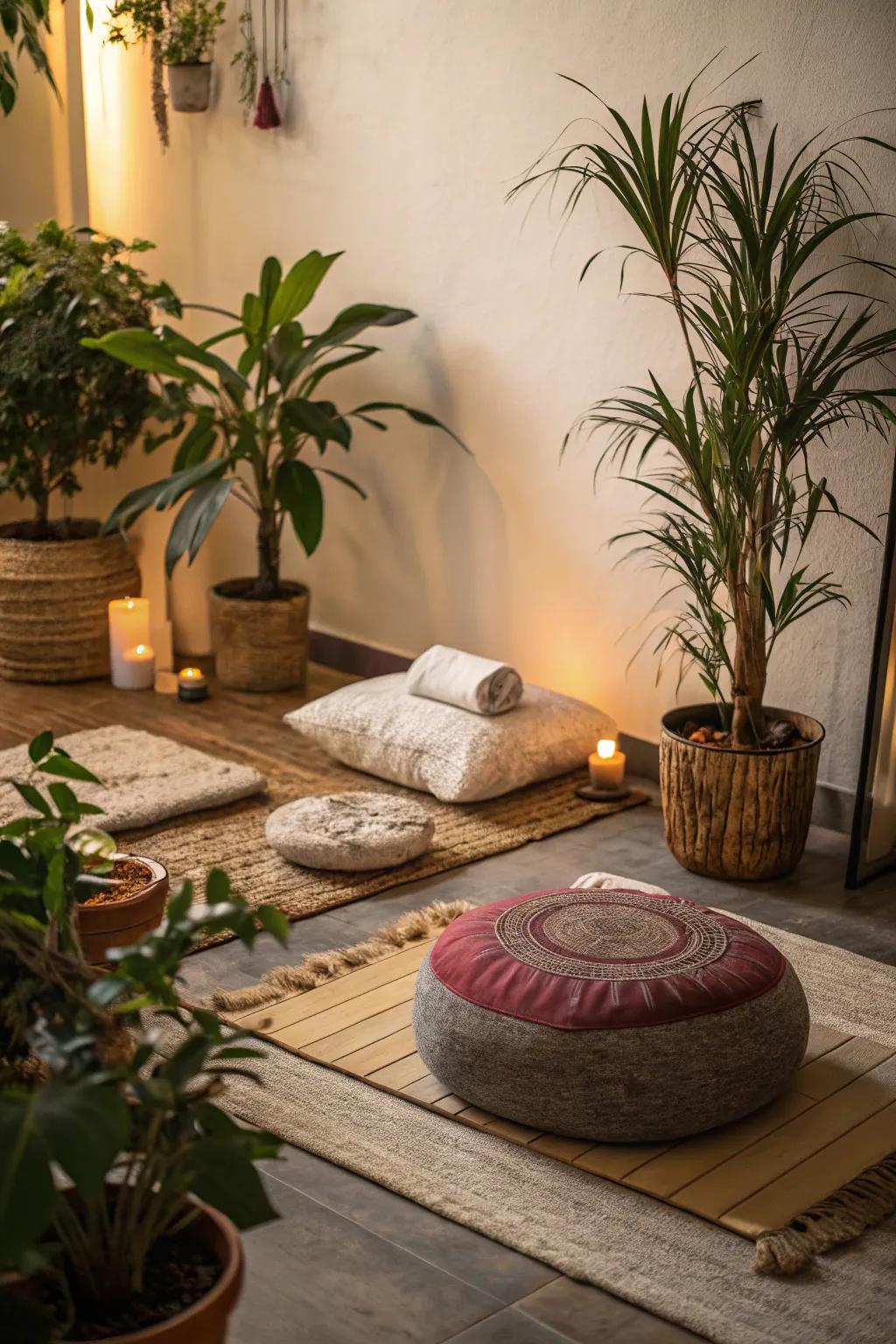 A welcoming quiet spot with bolsters and flora.